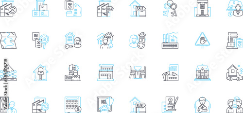 Market facility linear icons set. Hub, Bazaar, Mall, Plaza, Center, Arcade, Emporium line vector and concept signs. Mart,Square,Marketplace outline illustrations photo