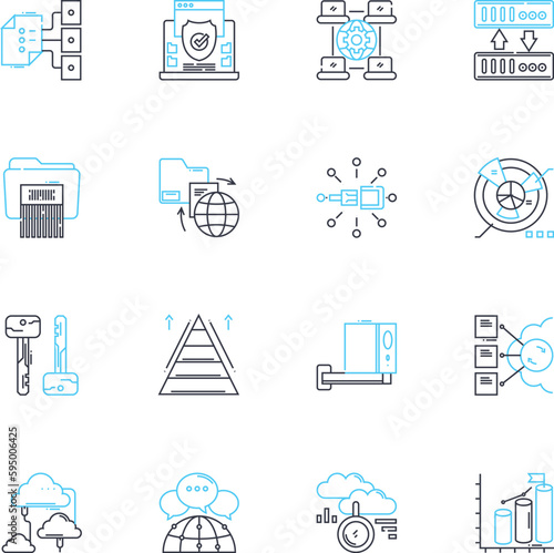 Information security linear icons set. Encryption, Firewall, Malware, Phishing, Passwords, Cybersecurity, Vulnerability line vector and concept signs. Intrusion,Authentication,Authorization outline