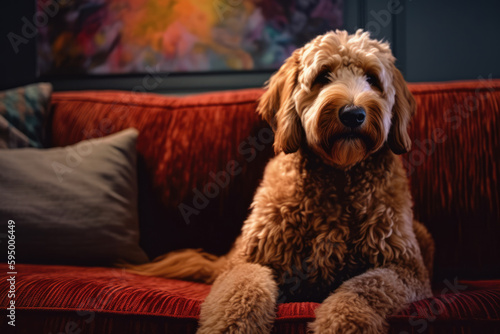 Goldendoodle Red Couch created with Generative AI Technology, ai, generative