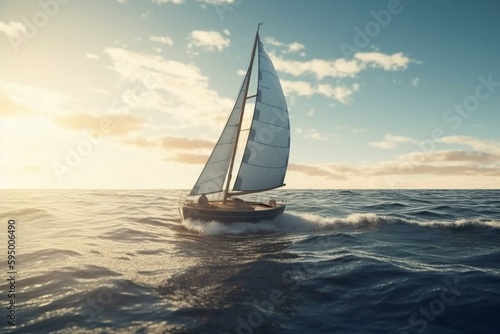 Small sailing boat on the ocean - 3D render. Generative AI