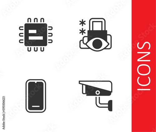 Set Security camera  Processor CPU  Mobile phone and Cyber security icon. Vector
