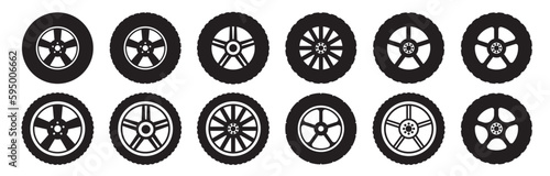 Tire or wheel icon collection. Car tyre rim vector. Bus or truck alloy symbol. Suitable for web or ui design. 