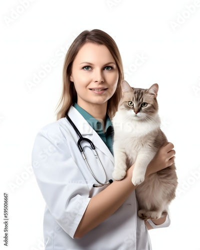Female Veterinarian Holding a Cat in Scrub on White Background © TimeaPeter