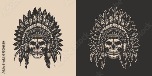 Set of vintage retro scary native american indian apache chief skull with feathers. Can be used like emblem, logo. Monochrome Graphic Art. Vector. Hand drawn element in engraving style.
