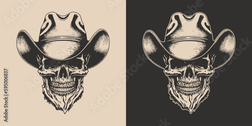 Set of vintage retro scary hipster cawboy skull in hat. Can be used like emblem, logo, badge, label. mark, poster or print. Monochrome Graphic Art. Vector. Hand drawn element in engraving