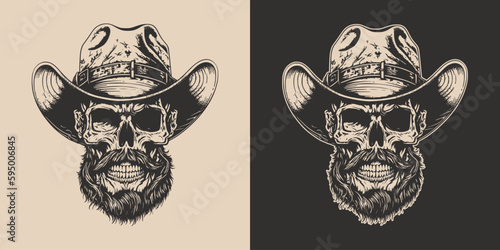 Set of vintage retro scary hipster cawboy skull in hat. Can be used like emblem, logo, badge, label. mark, poster or print. Monochrome Graphic Art. Vector. Hand drawn element in engraving