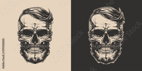 Set of vintage retro scary skull. Can be used like emblem, logo, badge, label. mark, poster or print. Monochrome Graphic Art. Vector. Hand drawn element in engraving