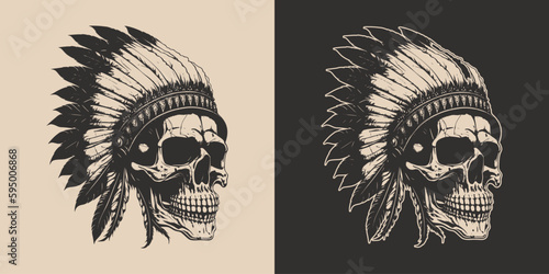 Set of vintage retro scary native american indian apache chief skull with feathers. Can be used like emblem, logo. Monochrome Graphic Art. Vector. Hand drawn element in engraving style.
