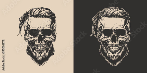 Set of vintage retro scary skull. Can be used like emblem, logo, badge, label. mark, poster or print. Monochrome Graphic Art. Vector. Hand drawn element in engraving