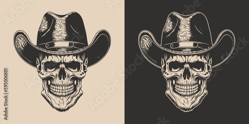 Set of vintage retro scary hipster cawboy skull in hat. Can be used like emblem, logo, badge, label. mark, poster or print. Monochrome Graphic Art. Vector. Hand drawn element in engraving