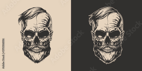 Set of vintage retro scary skull. Can be used like emblem, logo, badge, label. mark, poster or print. Monochrome Graphic Art. Vector. Hand drawn element in engraving