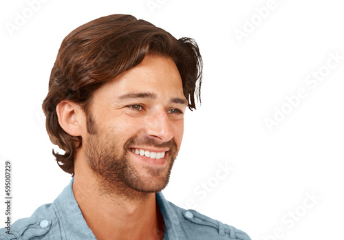 Thinking, solution or happy man with smile or dreaming of a vision isolated on transparent png background. Wondering, daydream or thoughtful male person contemplating or dreaming of future ideas