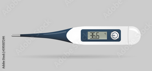 Icon of digital thermometer with measuring body temperature. Medical equipment for using at hospital or home. Realistic illustration isolated on a grey background.