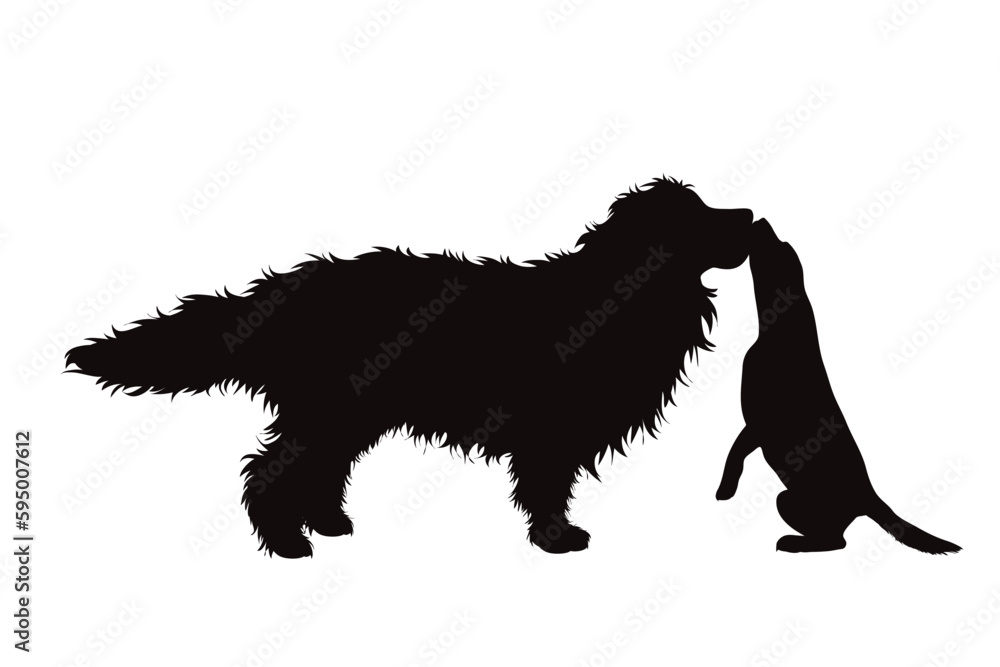 Vector silhouette of pair of dogs on white background.