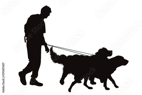 Vector silhouette of man with his happy dogs on white background.