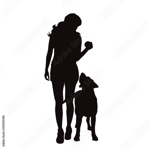 Vector silhouette of woman with her happy dog on white background.