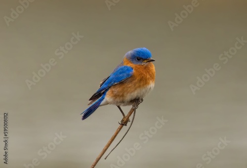 Eastern bluebird perched on a tree branch against a neutral, out-of-focus background