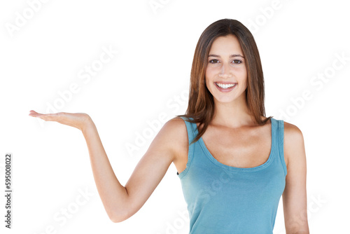 Wallpaper Mural Presentation portrait, happy and woman with palm gesture, advertising copy space or discount product promotion. Branding, offer and female brand ambassador isolated on a transparent, png background Torontodigital.ca