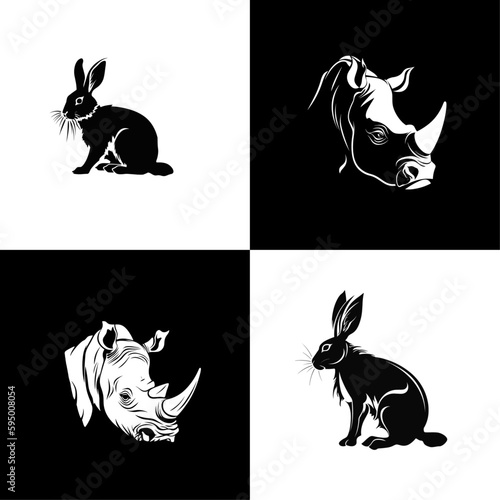 Vector illustration of wild animals. Hand drawn silhouette. Engraving illustration Rabbit and rhino.	
