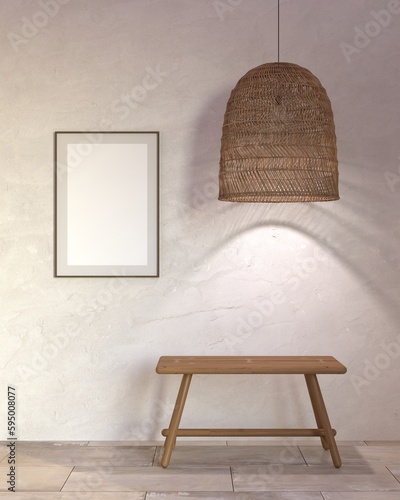 Fragment of an interior with a wicker lampshade and a wooden bench. 3d rendering	