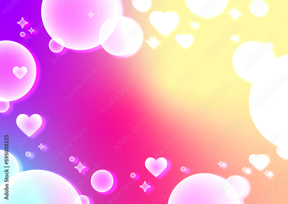 幾何学的なラインやハートとシャボン玉模様のグラデーション背景。（ピンクや黄色）Gradient background with geometric lines, hearts and soap bubbles. (pink or yellow)