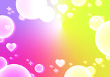 幾何学的なラインやハートとシャボン玉模様のグラデーション背景。（ピンクや黄緑）Gradient background with geometric lines, hearts and soap bubbles. (pink or yellow green)