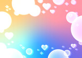 幾何学的なラインやハートとシャボン玉模様のグラデーション背景。（パステルカラーの虹）Gradient background with geometric lines, hearts and soap bubbles. (Pastel rainbow)