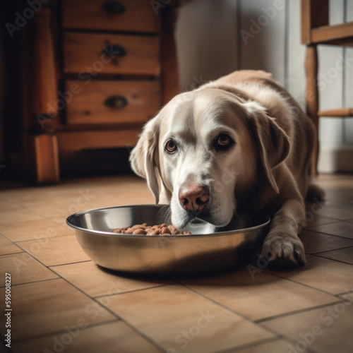 photo of a tired and old dog sitting on a wood floor , Generative AI