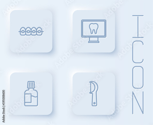 Set line Teeth with braces, Online dental care, Mouthwash and Dental floss. White square button. Vector