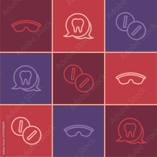 Set line Safety goggle glasses, Toothache painkiller tablet and icon. Vector