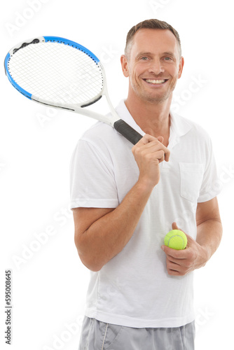 Portrait of happy man with ball, racket and tennis training isolated on transparent png background. Fitness, happiness and professional sports athlete at game, mature male player with smile on face. © Bharat/peopleimages.com