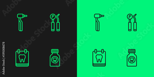 Set line Toothache painkiller tablet, Calendar with tooth, drill and Dental mirror and probe icon. Vector