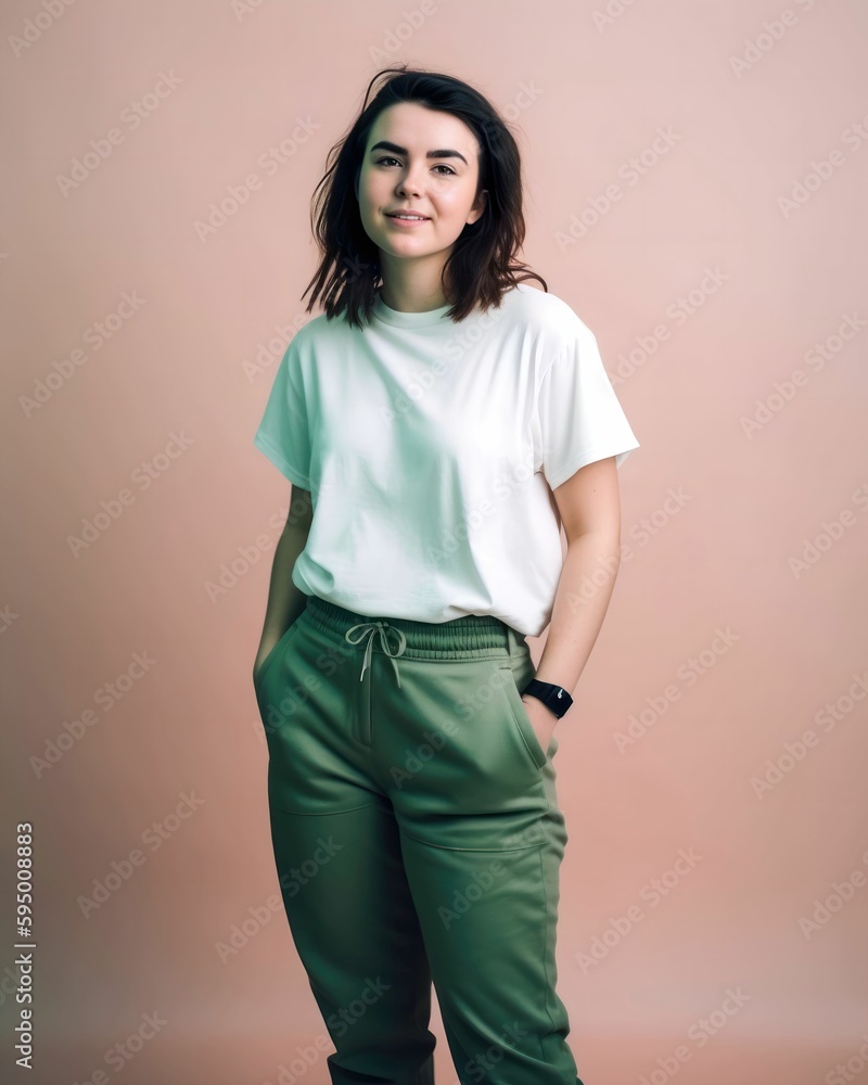 Full body studio portrait of a fictional white brunette woman wearing green jogging pants and a large white t-shirt, Isolated on a pink pastel background. Generative AI illustration. Full body studio portrait of a fictional white brunette woman wearing green jogging pants and a large white t-shirt, Isolated on a pink pastel background. Generative AI illustration.