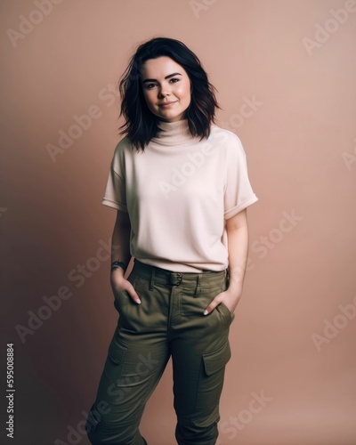 Full body studio portrait of a fictional white brunette girl wearing a light pink t-shirt and a brownish green cargo pants, isolated on a pastel pink background. Generative AI illustration.