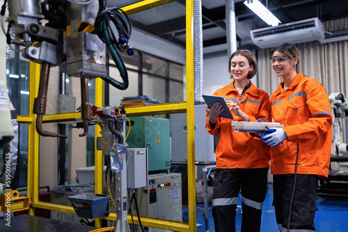 Girl engineer commissioning operating programming and looking at robot machine in the factory