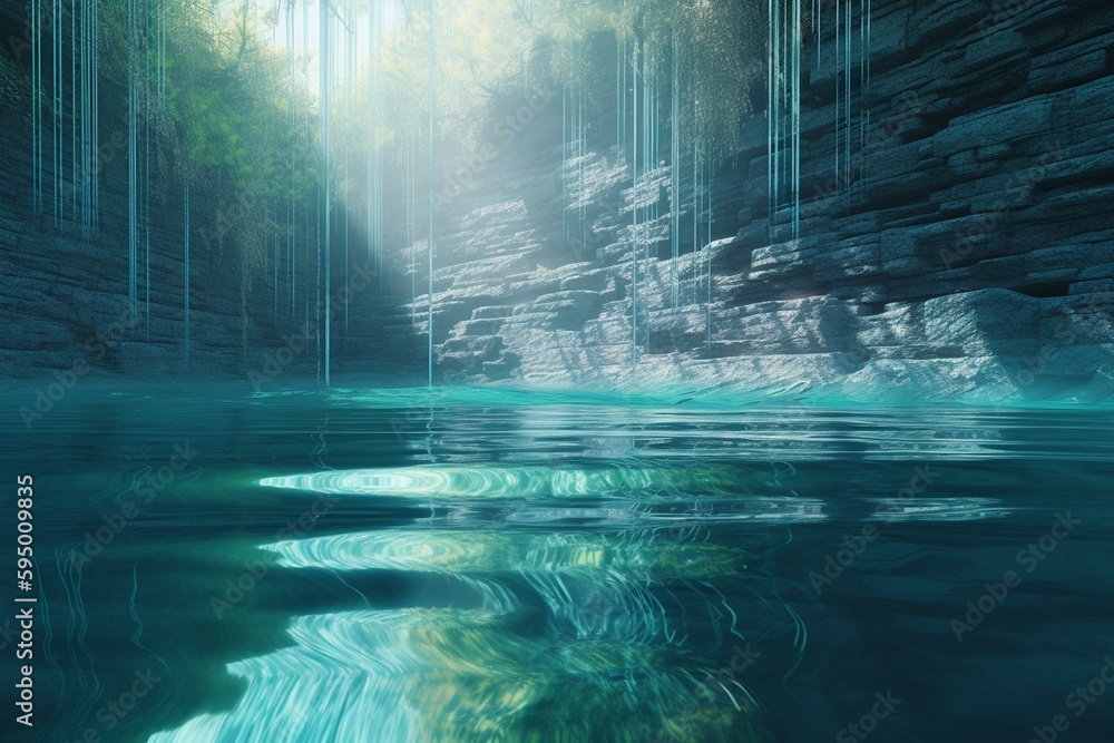 waterfall cascading into a crystal clear pool. digital art illustration. generative AI
