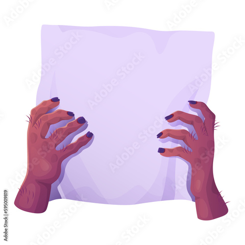 Creepy fingers holding piece of white paper, cartoon vector design.