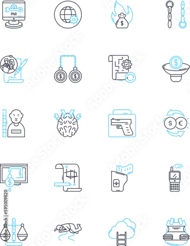 Fraudulence linear icons set. Deception, Falsification, Imposture, Scam, Misrepresentation, Phishing, Embezzlement line vector and concept signs. Counterfeit,Forgery,Stolen outline illustrations