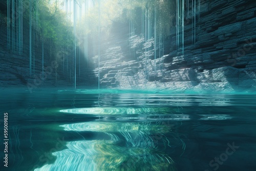 waterfall cascading into a crystal clear pool. digital art illustration. generative AI