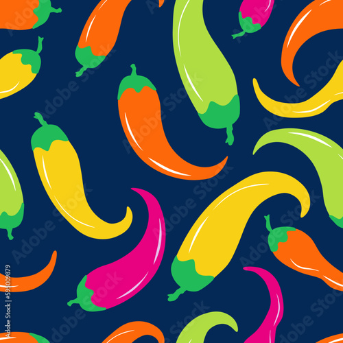 Seamless vector pattern with multicolor chili peppers. Traditional Mexican cuisine hot spice. Bright background for shop, restaurant, kitchen decor