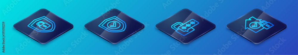 Set Isometric line Cyber security, Shield with lock, House under protection and check mark icon. Vector Set Isometric line Cyber security, Shield with lock, House under protection and check mark icon. Vector