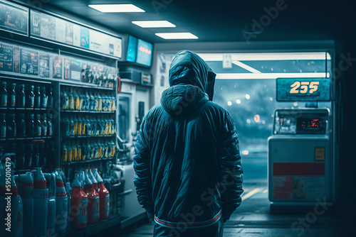 The Enigmatic Figure: A Mysterious Image of a Person in a Hoodie at a Gas Station, ai generative