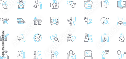 Medical facility linear icons set. Hospital, Clinic, Emergency, ICU, Surgery, Pharmacy, Radiology line vector and concept signs. Pediatrics,Diagnostic,Rehabilitation outline illustrations