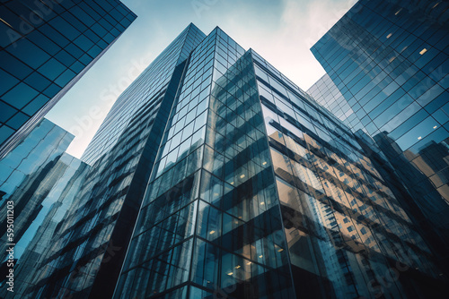 Reflective skyscrapers  business office buildings. Low angle photography of glass curtain wall details of high-rise buildings.The window glass reflects the blue sky and white clouds. High quality