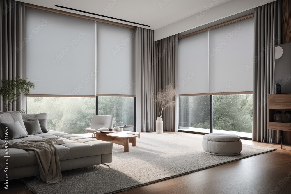 large window with automated blinds and curtains, providing privacy for the room, created with generative ai
