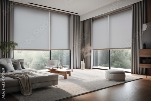 Obraz na płótnie large window with automated blinds and curtains, providing privacy for the room, created with generative ai w salonie
