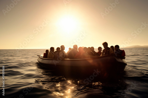 migrants on crowded boat in mediterranean sea. illustration generative ai