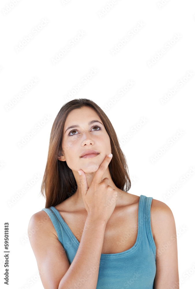 Thinking, idea and face of thoughtful woman on isolated, png and transparent background. Vision, planning and female person with hand sign for wondering, contemplation and question for decision Thinking, idea and face of thoughtful woman on isolated, png and transparent background. Vision, planning and female person with hand sign for wondering, contemplation and question for decision