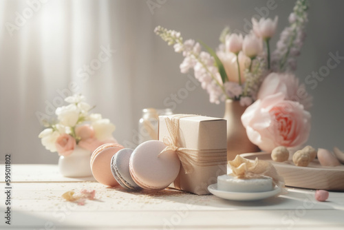 Happy Mother's Day gift concept with flowers, gift box, card, and macarons on white wooden background, Generative AI