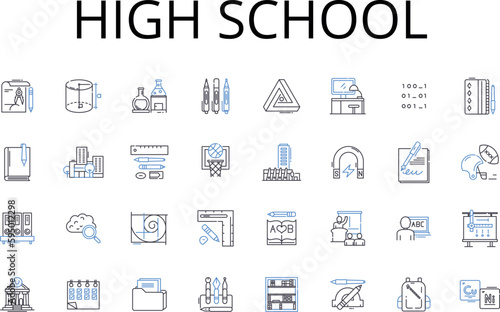 High school line icons collection. Middle school, Elementary school, Primary school, Higher education, Graduate school, Secondary education, Vocational school vector and linear illustration. College
